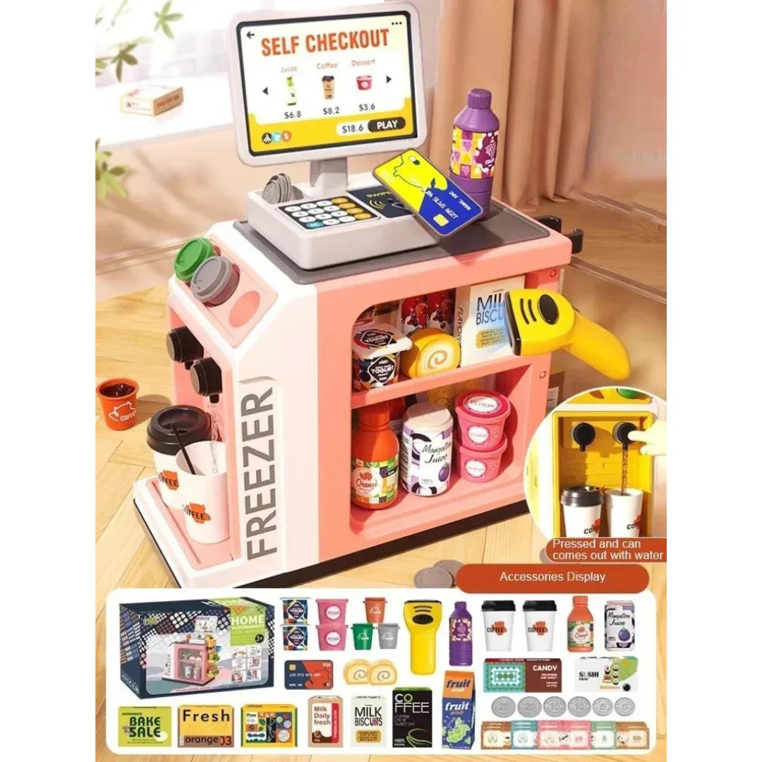 Toy cash register with touchscreen and scanner for home use