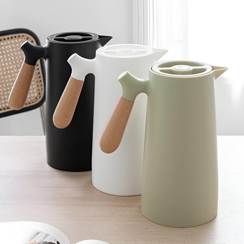 Elegant Thermal Carafe with Wooden Handle – 1L Coffee Pot for Hot and Cold Beverages