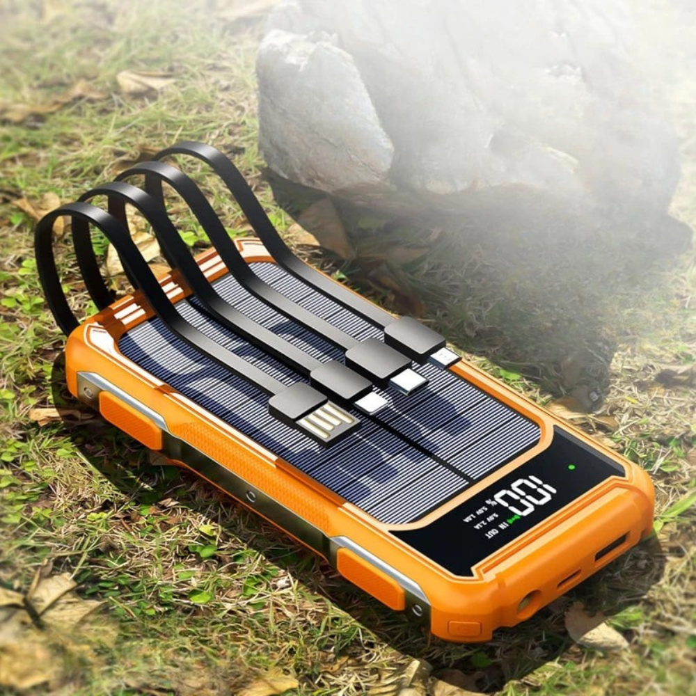 Powerful Solar Power Bank with 4-in-1 Cable and Emergency Light