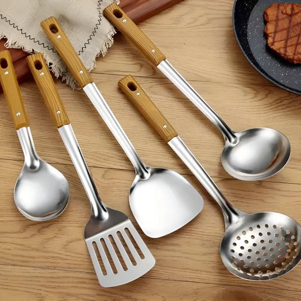 Küchenhelfer Set aus Edelstahl mit Holzgriffen – Praktisch und Langlebig