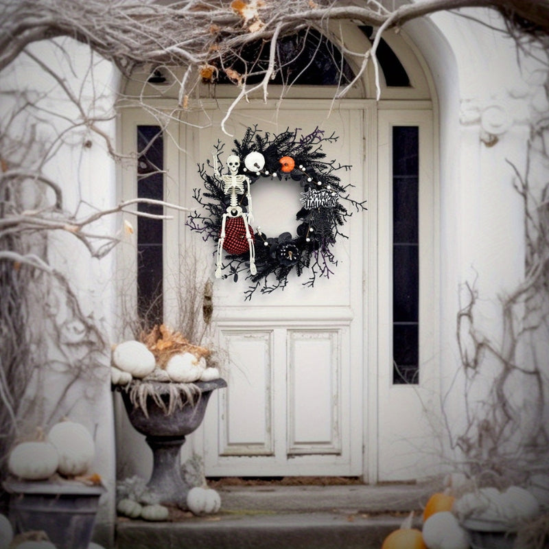 Halloween Door Wreath with Skeleton and Pumpkin - Atmospheric Seasonal Decoration