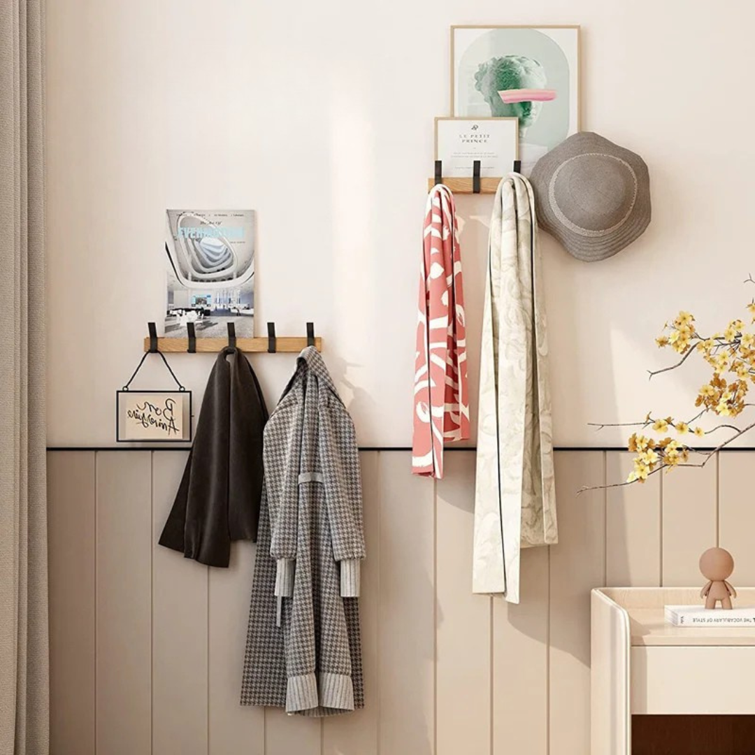 Wall Coat Rack with Flexible Hooks – Stylish Black in Wood & Aluminum – 40x7x7 cm for Hallway & Bedroom