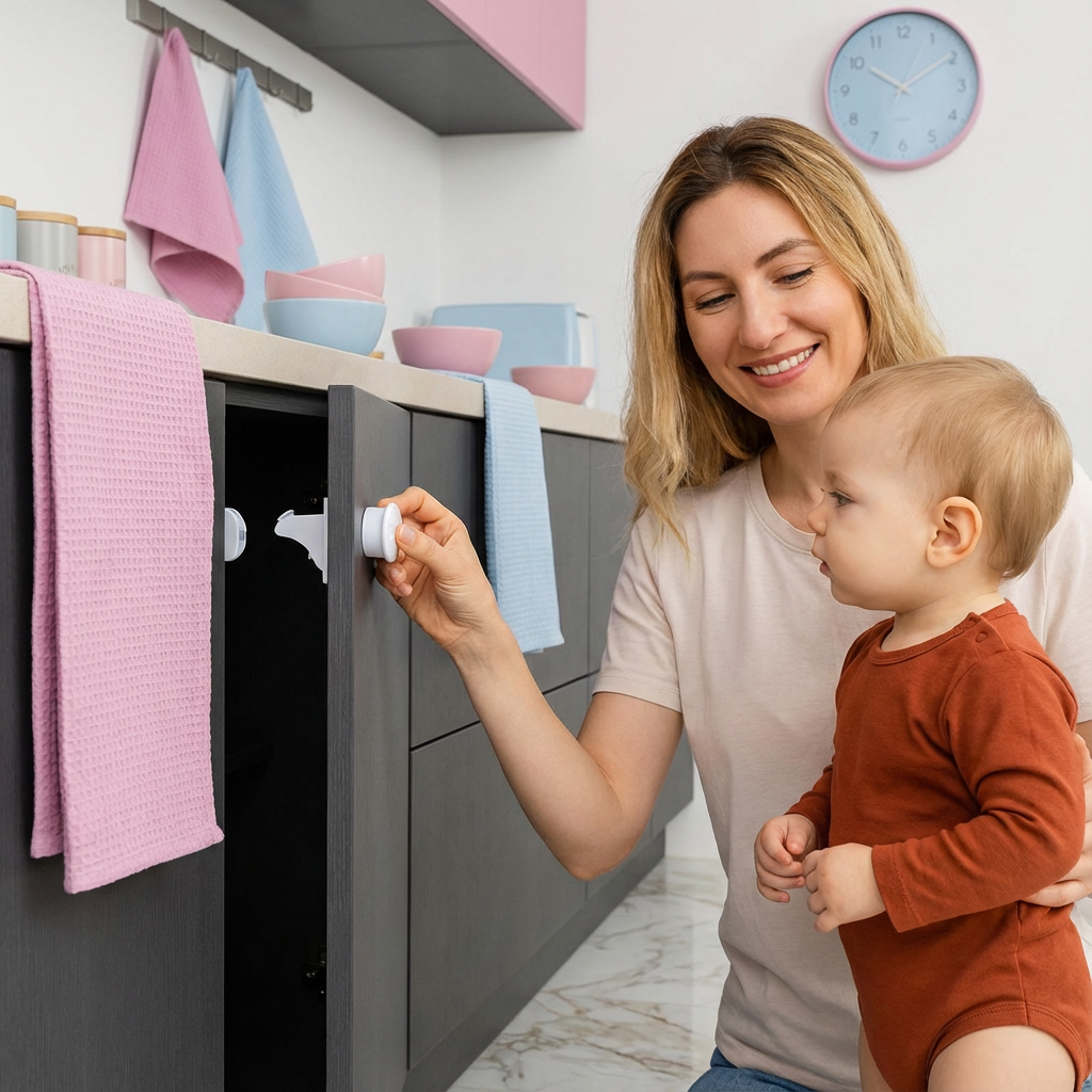 Set for magnetic securing of cabinets and doors for children
