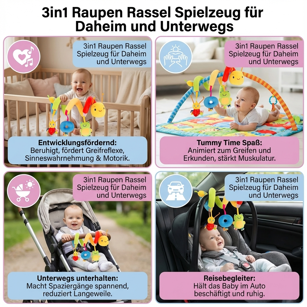 Toy Rattle for Home and On-the-Go – 3-in-1 Caterpillar Design