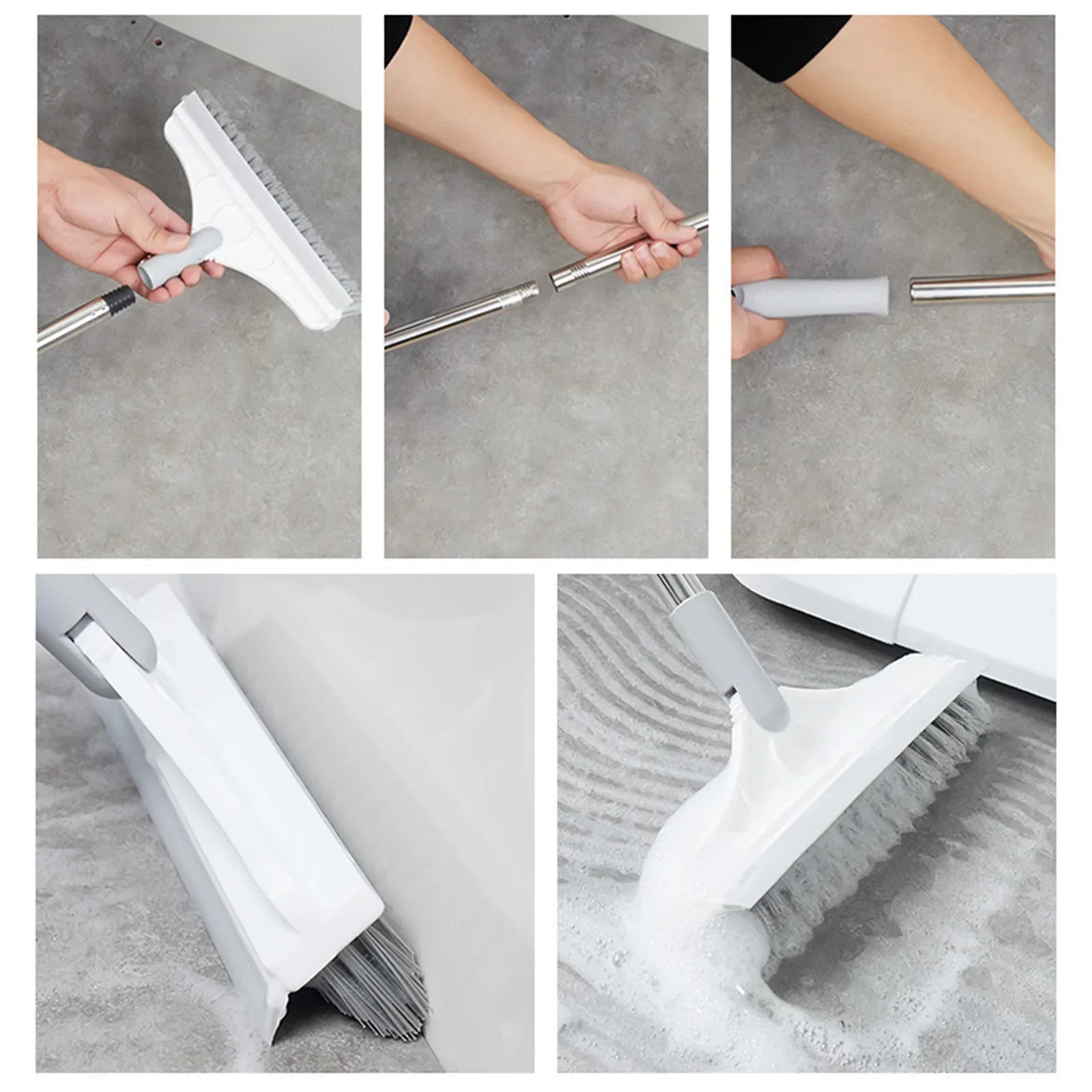 2-in-1 Floor Cleaning Brush with Window Squeegee, 120-Degree Swivel Long Handle