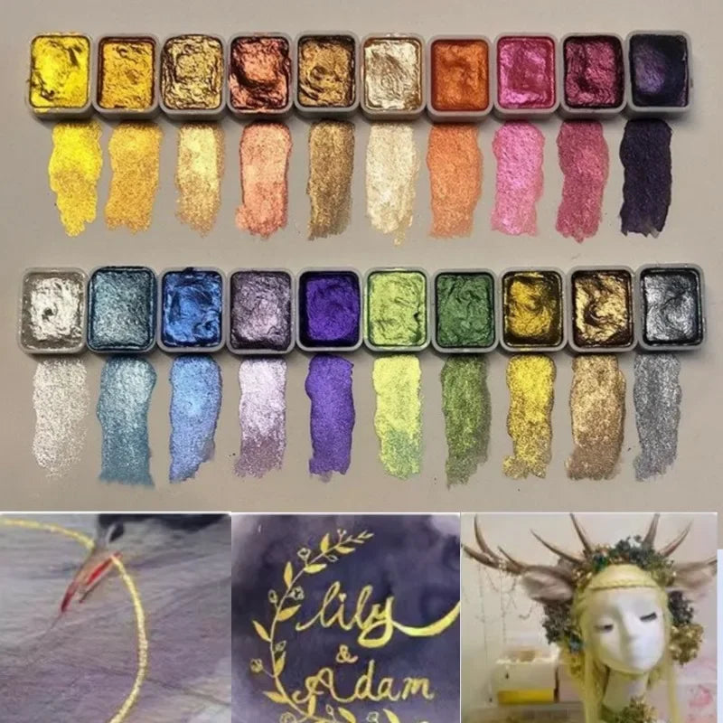 Mother-of-pearl paint set with 10 colours and mixing palette
