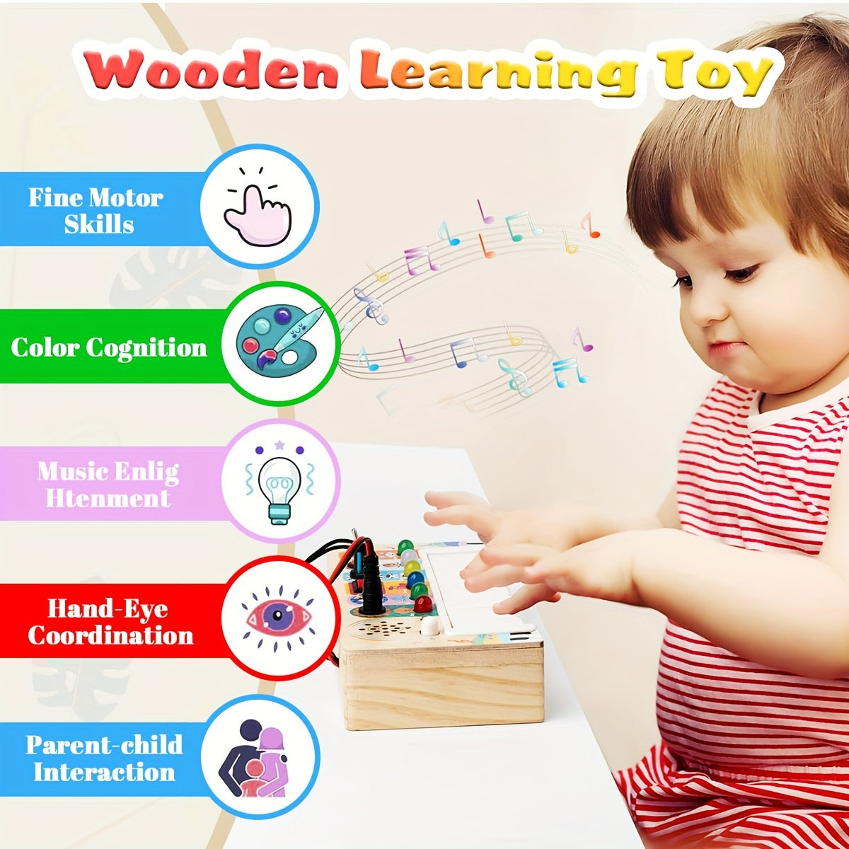 Wooden musical early learning toy with keys and lights