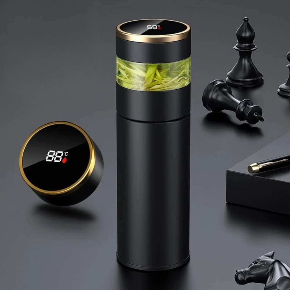 Isolierte Wasserflasche mit LED Temperaturanzeige und Teefilter