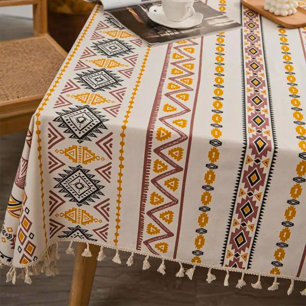 Elegant ethnic tablecloth with stylish tassels