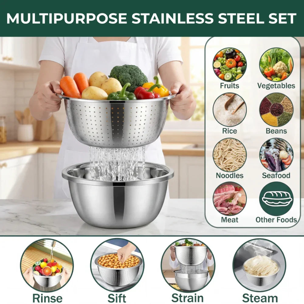 Versatile Stainless Steel Bowl Set with Grater and Sieve – 3-in-1 Solution