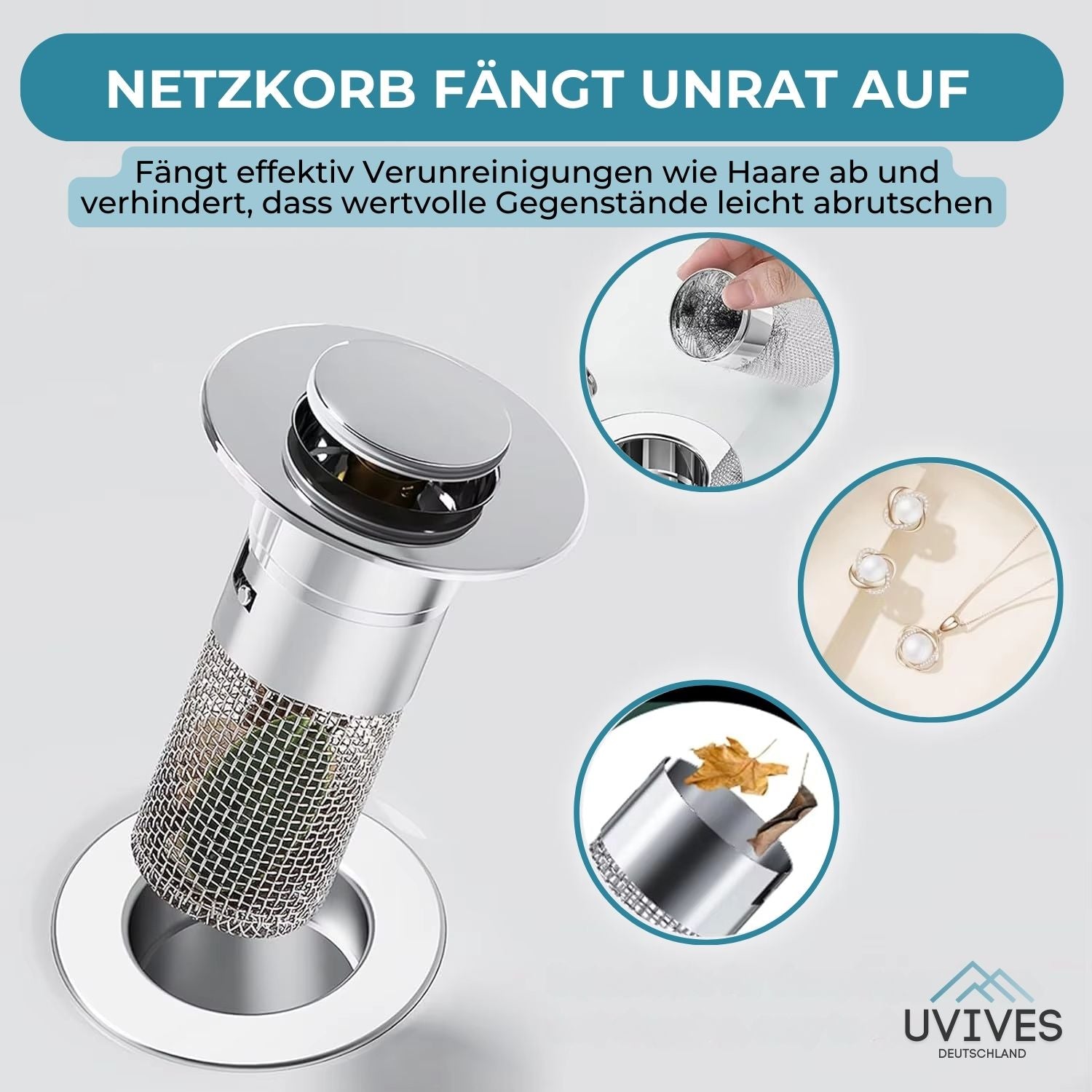 Edelstahl-Abflussfilter AquaGuard™ | 2-in-1 Lösung gegen Verstopfungen | Rostfrei & Pflegeleicht