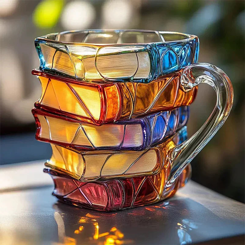 Handmade drinking glass with stacked book design