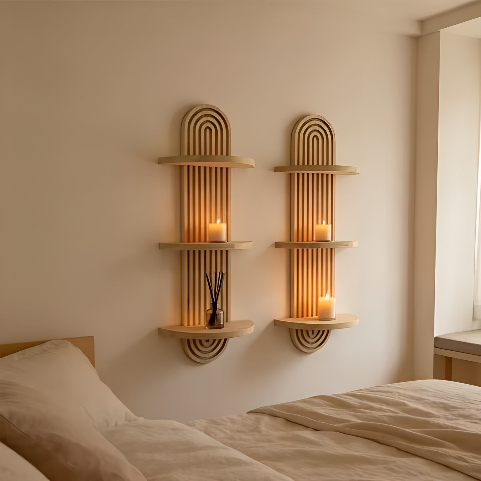 Wandregal im Boho-Stil aus massivem Holz – Mehrere Ebenen, platzsparend | Für Wohnzimmer, Schlafzimmer und Flur
