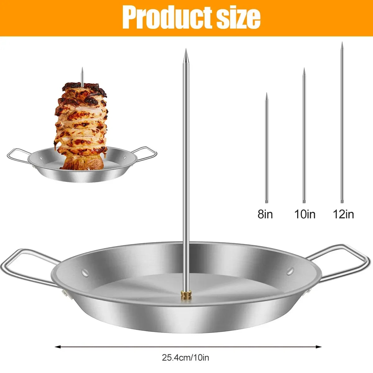 Edelstahl Vertikaler Grillspieß | Perfekter Fleischhalter mit Tropfschale | Set mit 3 Spießen (20–30 cm)