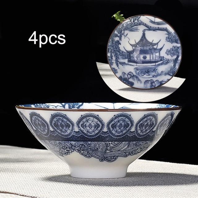4-piece Blue and White Porcelain Teacup Set