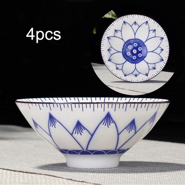 4-piece Blue and White Porcelain Teacup Set