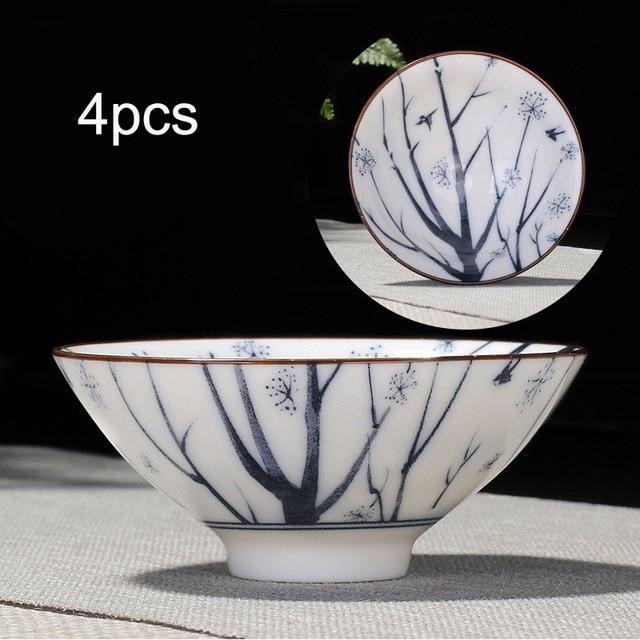 4-piece Blue and White Porcelain Teacup Set