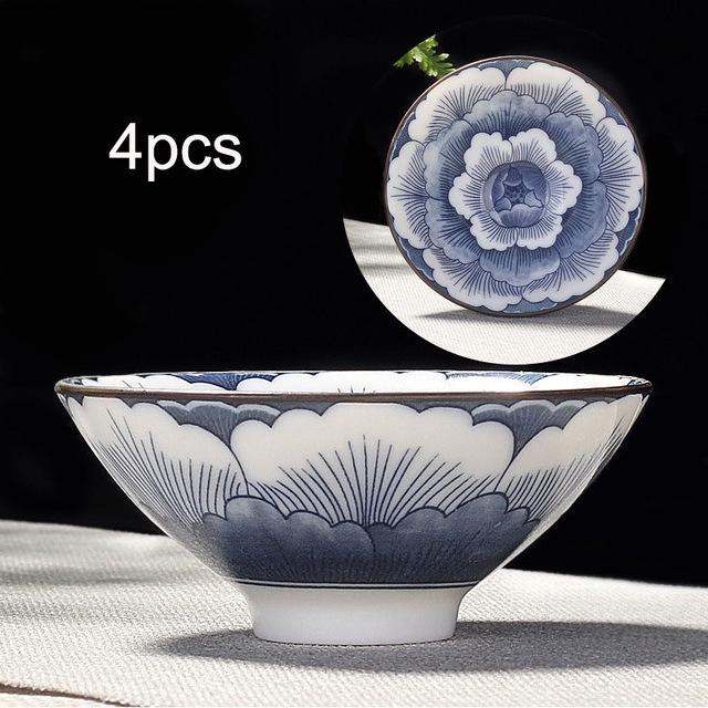 4-piece Blue and White Porcelain Teacup Set
