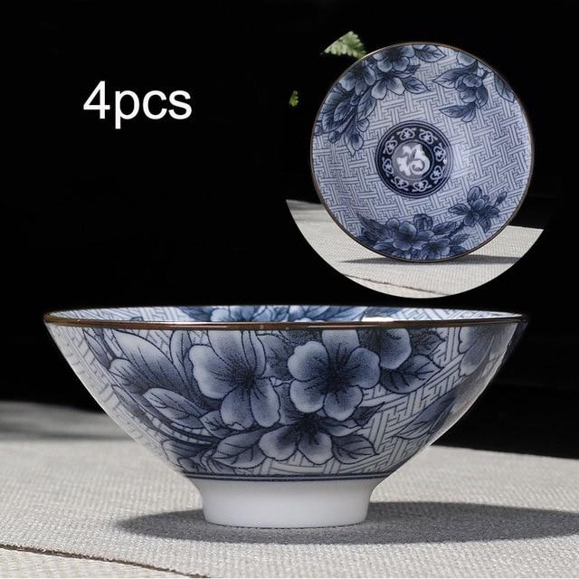 4-piece Blue and White Porcelain Teacup Set