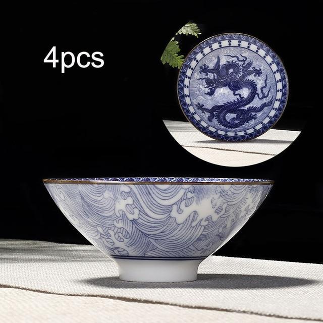 4-piece Blue and White Porcelain Teacup Set