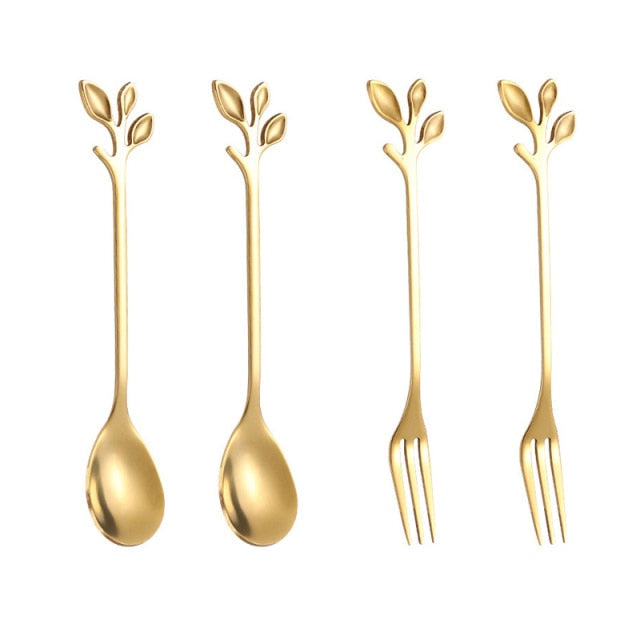 4-piece set creative branch leaves spoon fork stirring spoon tableware
