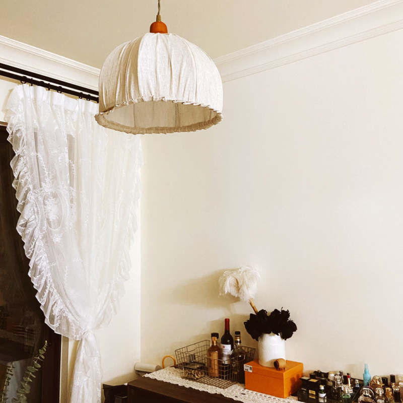 Minimalist Scandinavian LED Pendant Light with Beige Fabric Shade for Living Room and Dining Room, Height-Adjustable