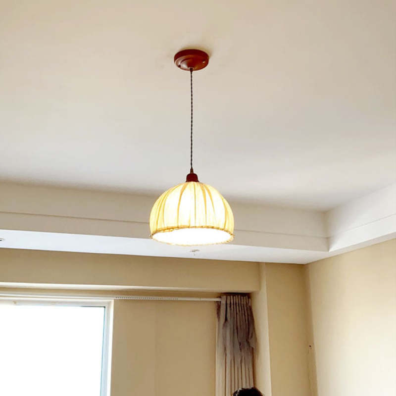 Minimalist Scandinavian LED Pendant Light with Beige Fabric Shade for Living Room and Dining Room, Height-Adjustable