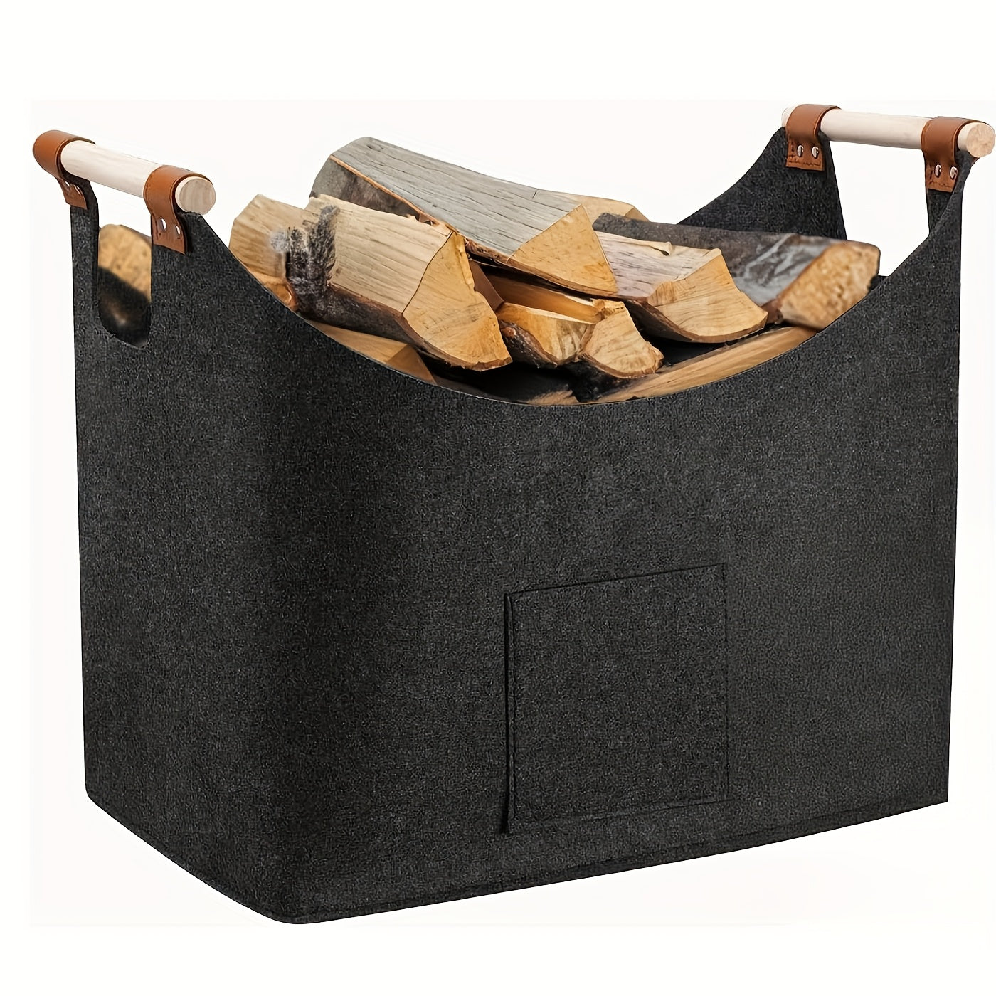 Eleganter Kaminholzkorb BRUNNEN | Faltbar | 55L Kapazität | Mit Holzgriffen und Lederakzenten | Anthrazit