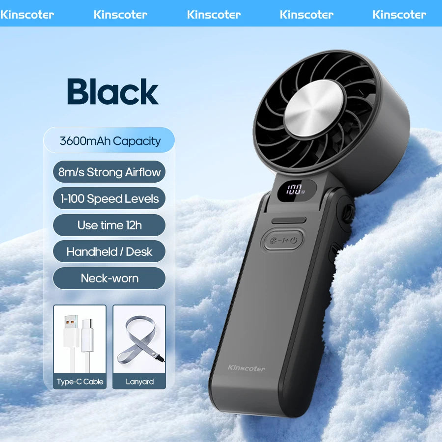 FrostWind Mini-Ventilator | Anpassbare Kühlung mit 100 Stufen | 3600 mAh Akku | Tragbar & Eis-Kühlung