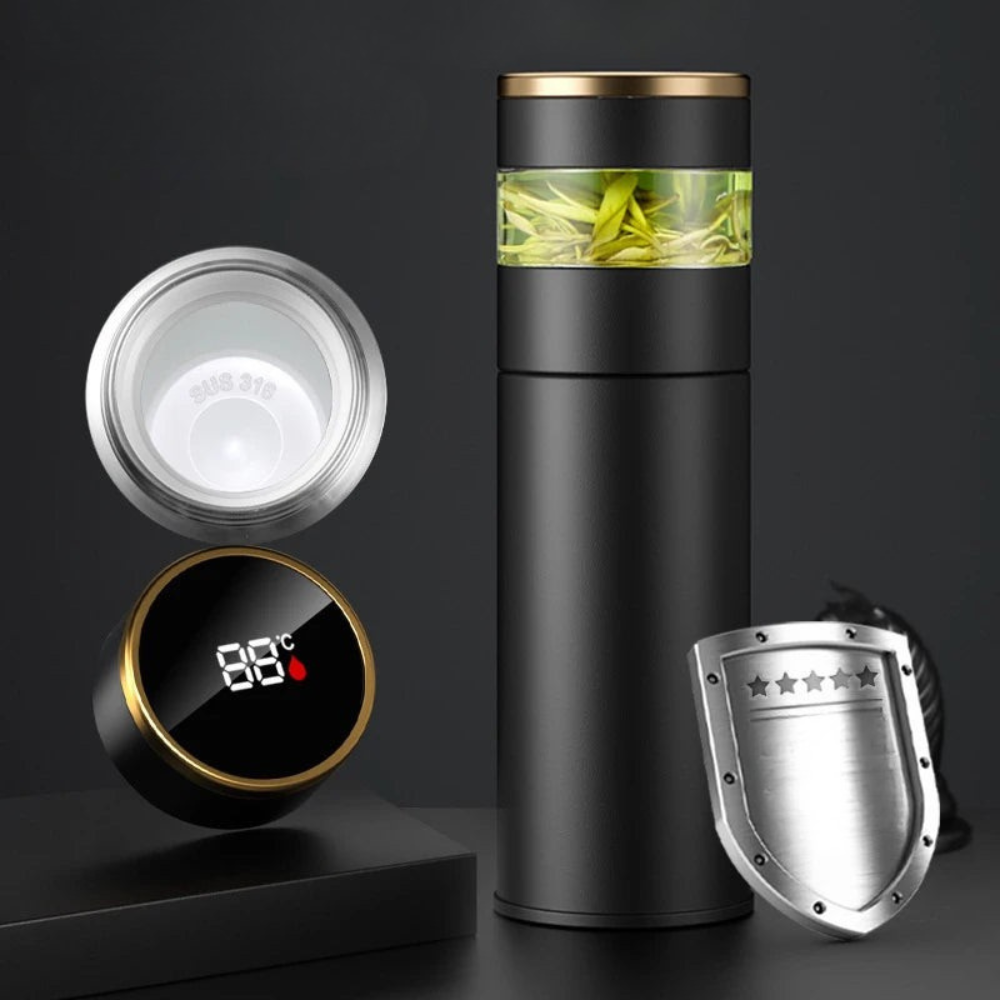 Isolierte Wasserflasche mit LED Temperaturanzeige und Teefilter