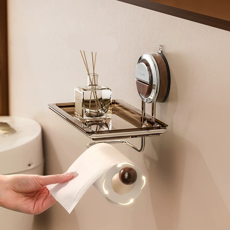 Secure Stainless Steel Toilet Paper Holder with Suction Cup – Tool-Free Installation with Wood Grain Finish