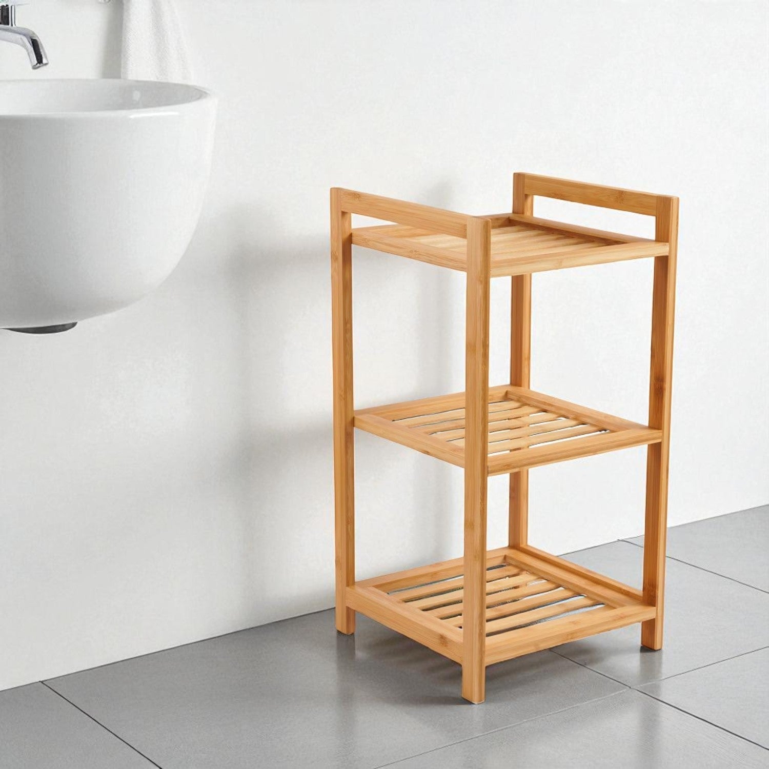 Dreistufiges Bambus Badregal, 30x30x57cm, Natürliche Optik