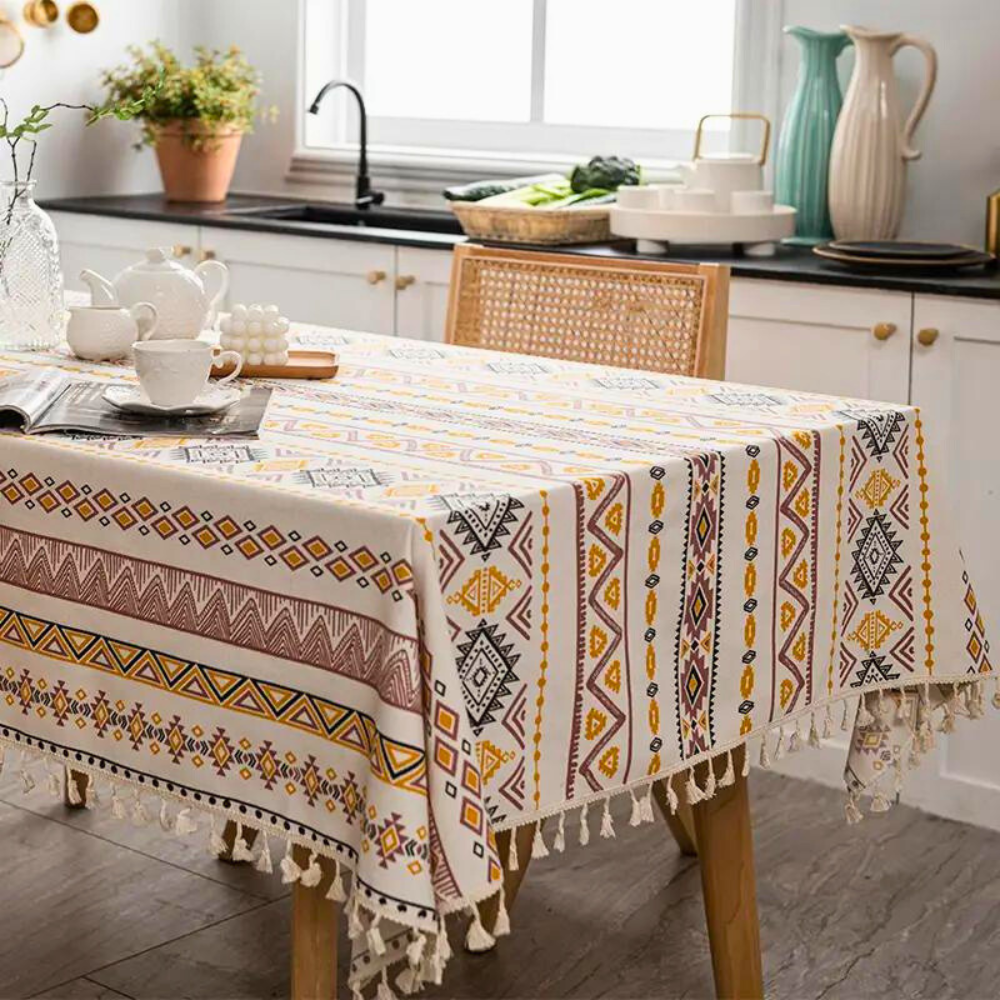 Elegant ethnic tablecloth with stylish tassels