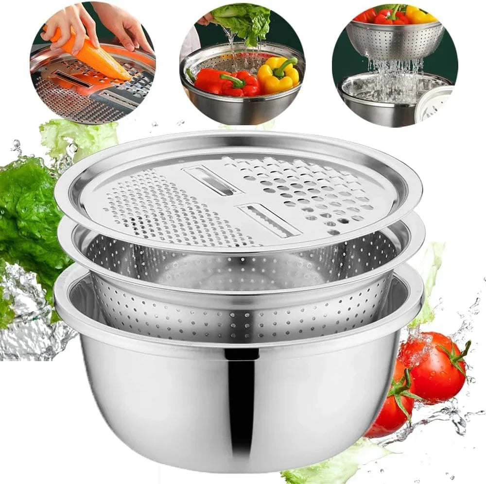 Versatile Stainless Steel Bowl Set with Grater and Sieve – 3-in-1 Solution