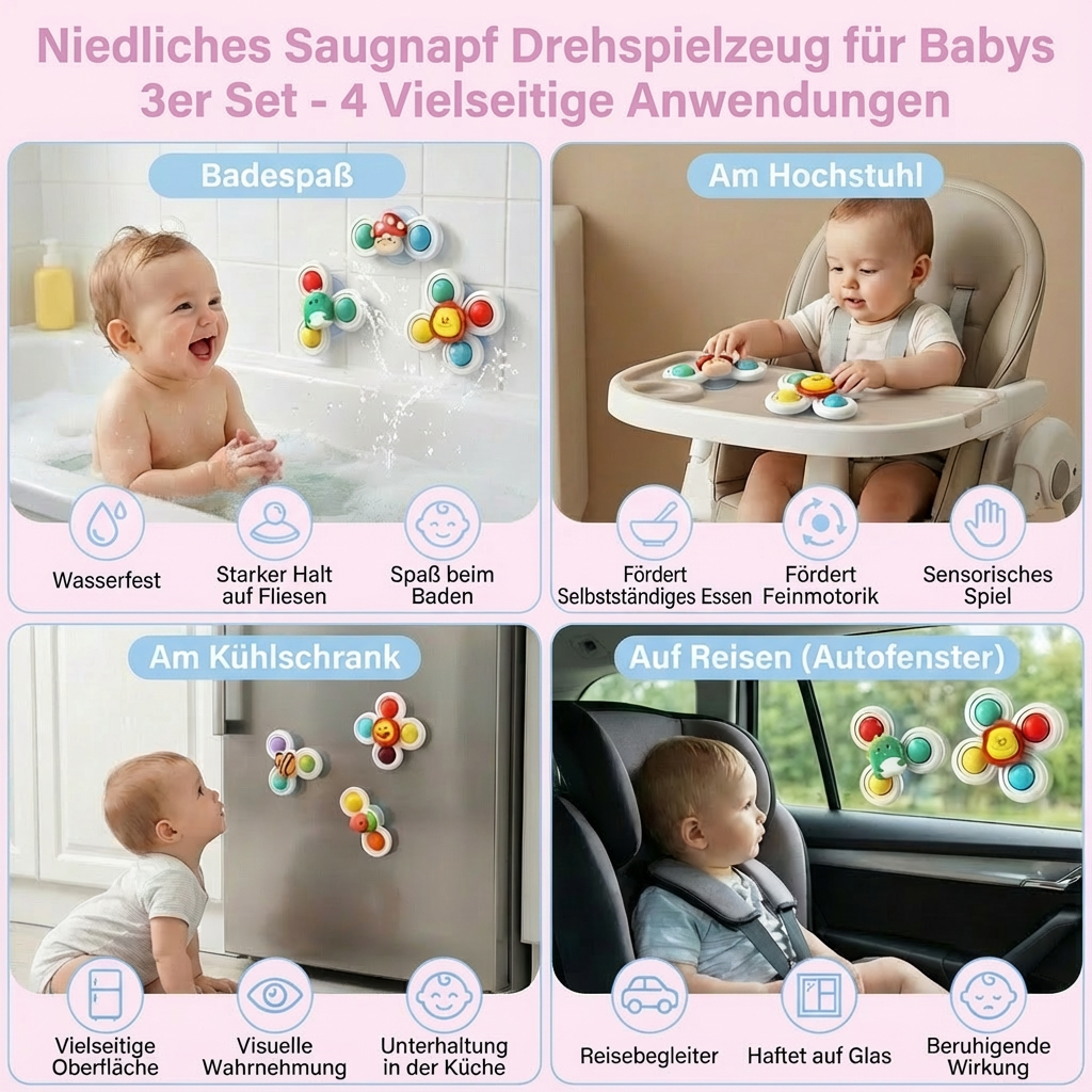 3-piece set of cute suction cup spinning toys for babies