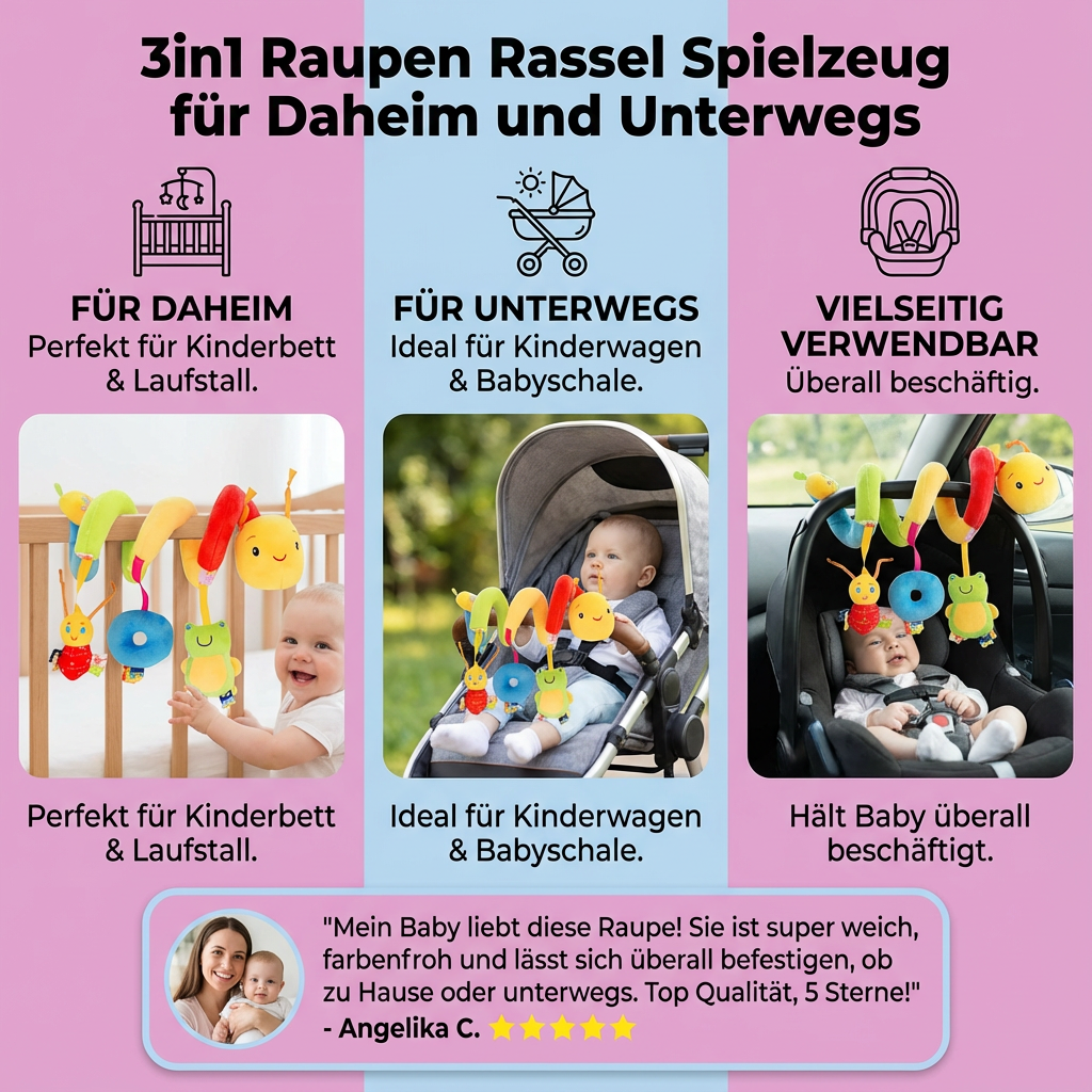Toy Rattle for Home and On-the-Go – 3-in-1 Caterpillar Design