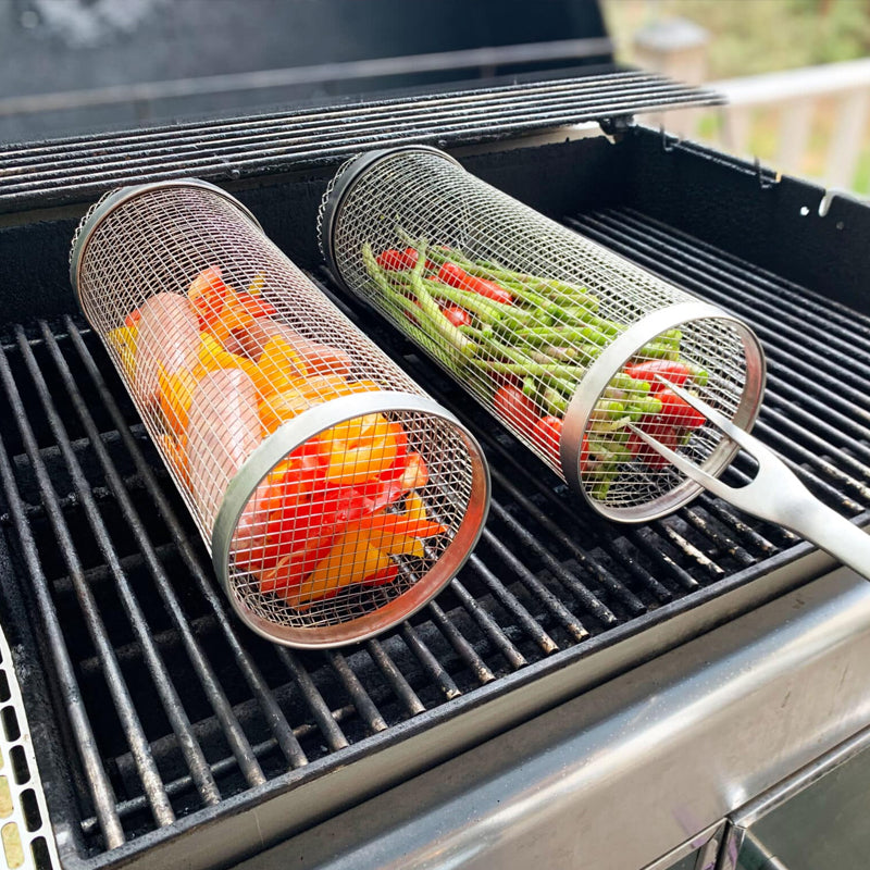 GrillProfi – 360° Edelstahl Grillkorb für perfektes BBQ | 2 zum Preis von 1 | Gleichmäßiges Garen ohne Anbrennen | Ideal für Fleisch, Gemüse & Räuchern