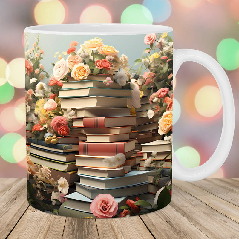 3D Kaffeetasse mit kunstvollem Blumenmuster - Geschenk für Bücherliebhaber