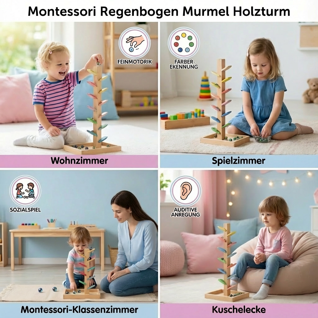 Wooden Tower with Rainbow Marbles in Montessori Style