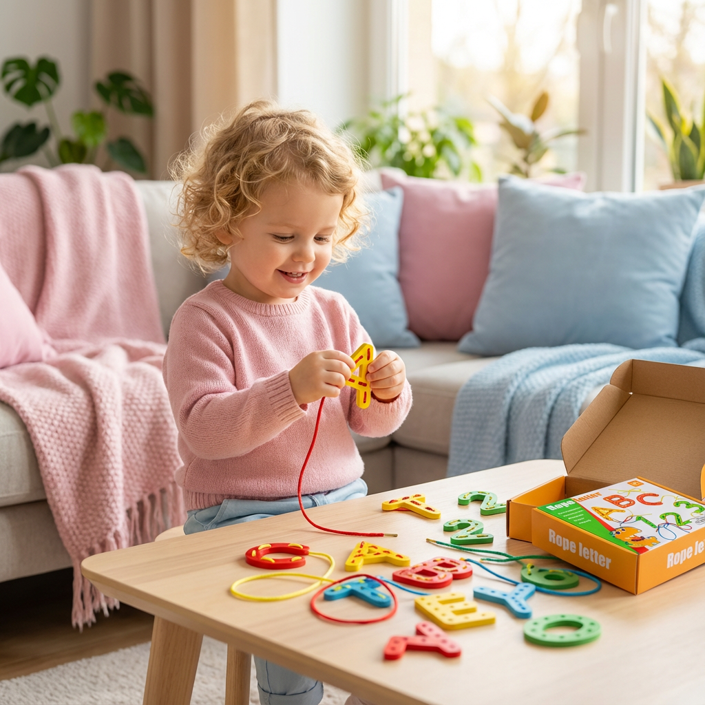 Wooden educational toy for threading letters, numbers, and colors