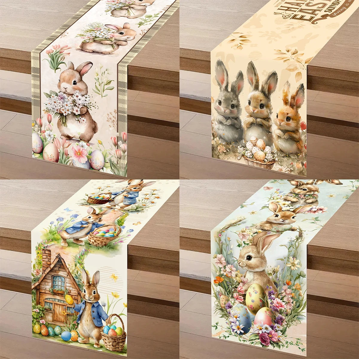 Festlicher Tischläufer für Ostern | Charmante Hasen- und Blumenmuster