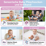 Plush socks and bracelet for babies with sensory elements