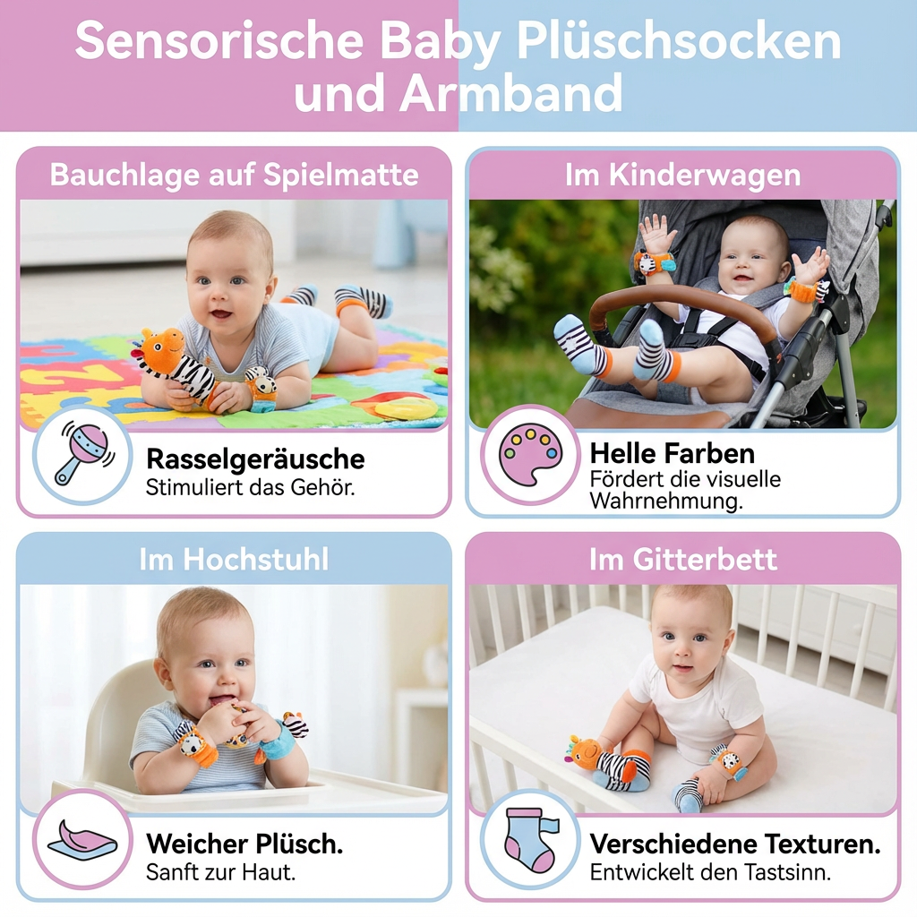 Plush socks and bracelet for babies with sensory elements