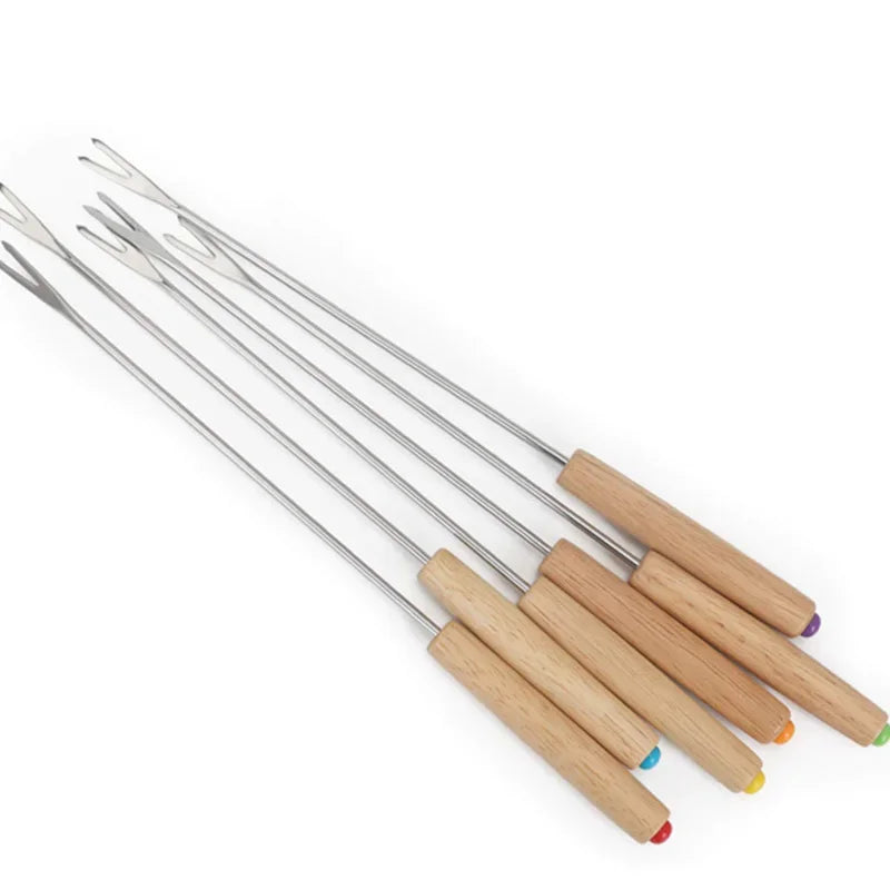 6-Piece Stainless Steel Grill Fork Set with Wooden Handle for Outdoor Enthusiasts