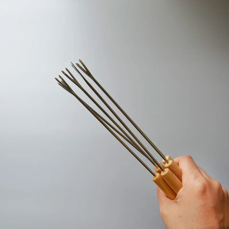 6-Piece Stainless Steel Grill Fork Set with Wooden Handle for Outdoor Enthusiasts