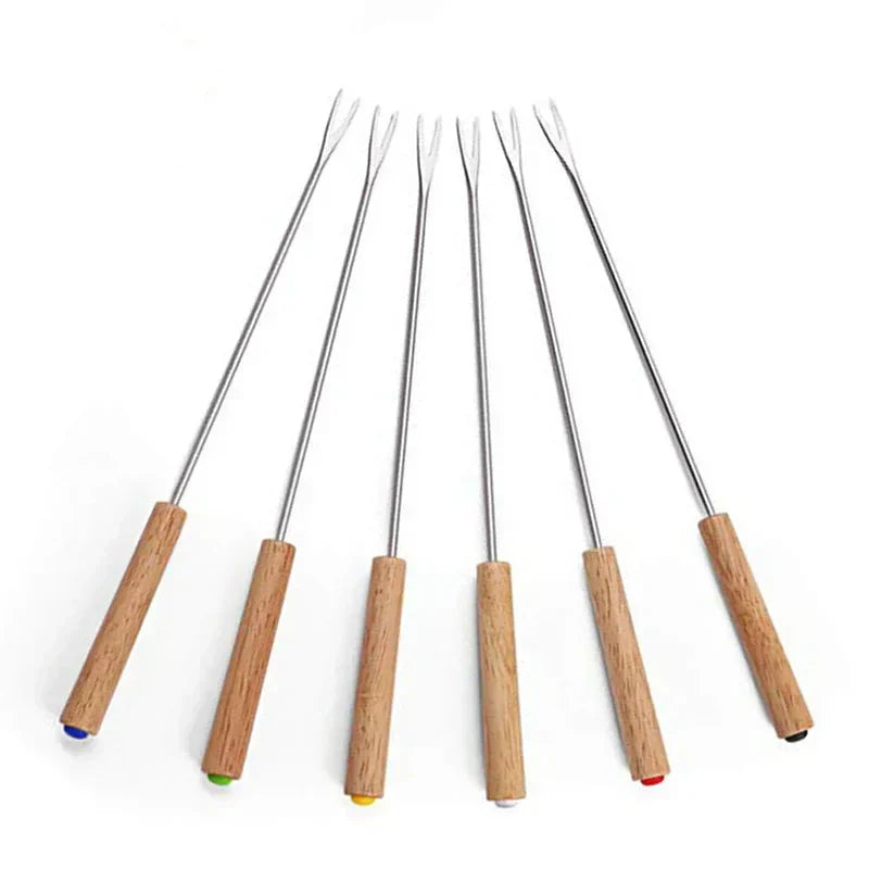 6-Piece Stainless Steel Grill Fork Set with Wooden Handle for Outdoor Enthusiasts