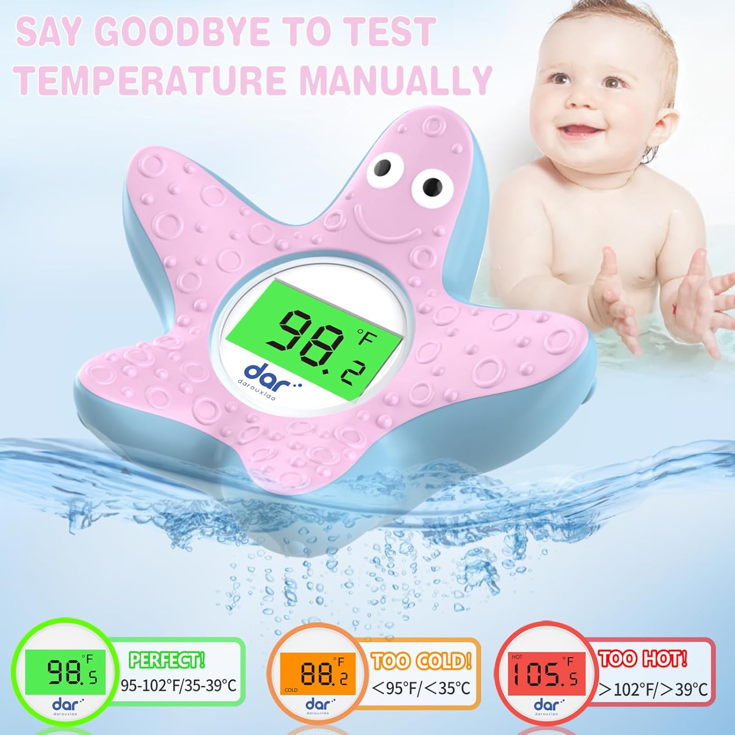 Sicheres Babybadthermometer mit Farbdisplay und Warnsystem