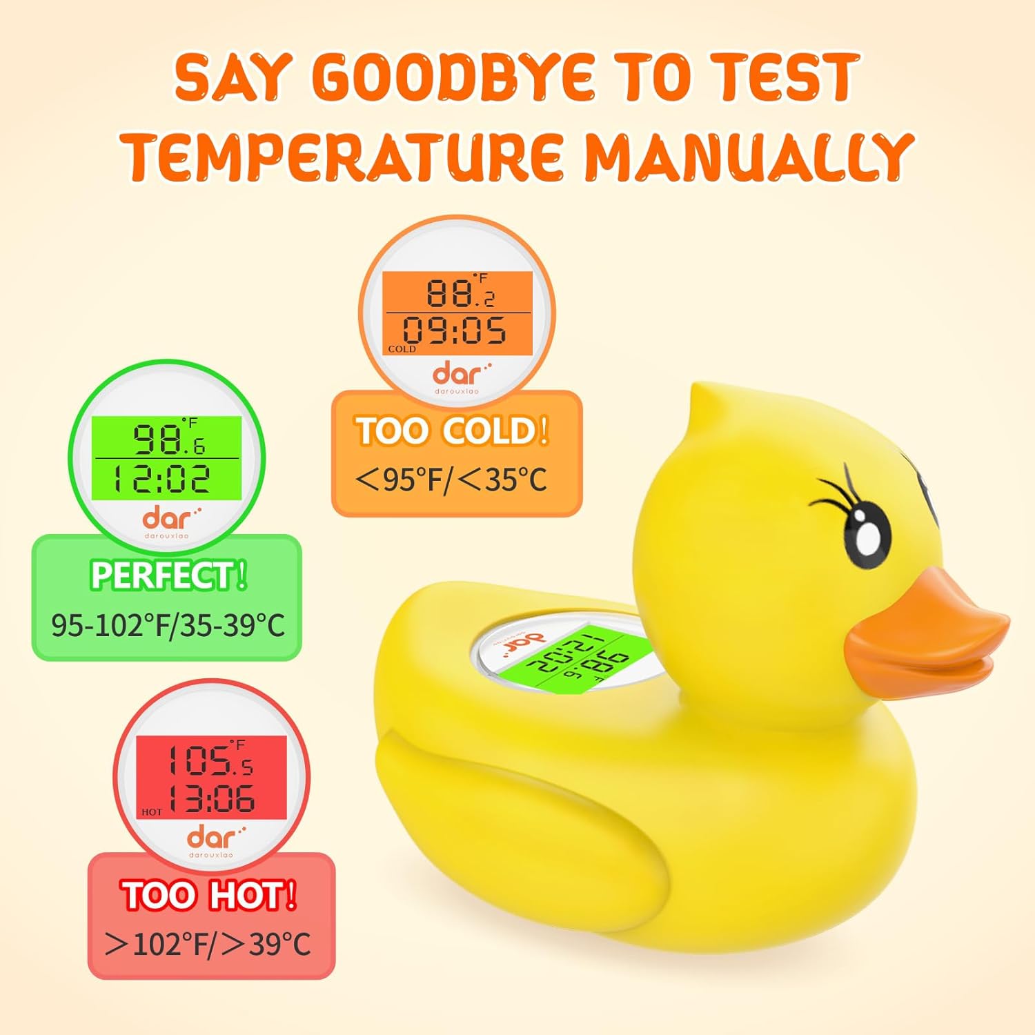 Sicheres Babybadthermometer mit Farbdisplay und Warnsystem