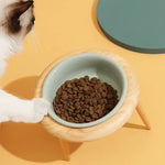 High-quality ceramic cat feeding station with wooden stand