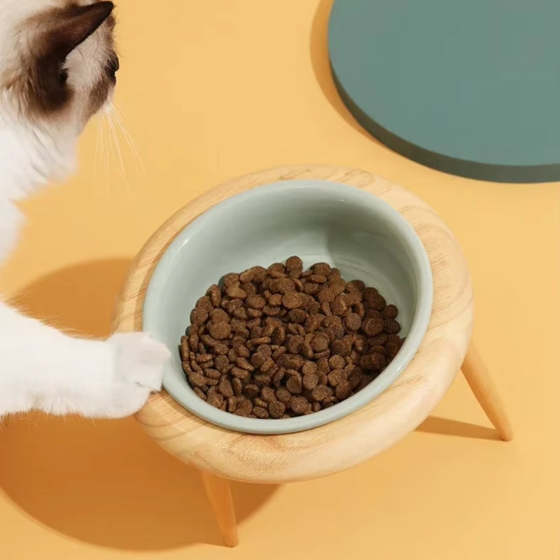 High-quality ceramic cat feeding station with wooden stand